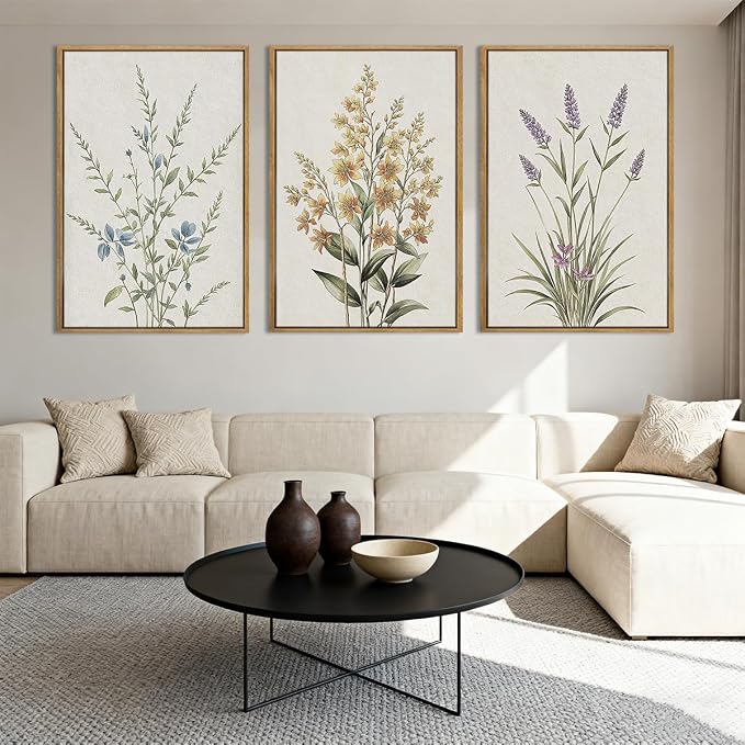 Anyzal Botanical Floral Framed Wall Art Large 16x24 Inch Modern Neutral Wildflower Canvas Art Prints Beige Cream Flower Wall Decor for Living Room Bedroom Dining Room Set of 3