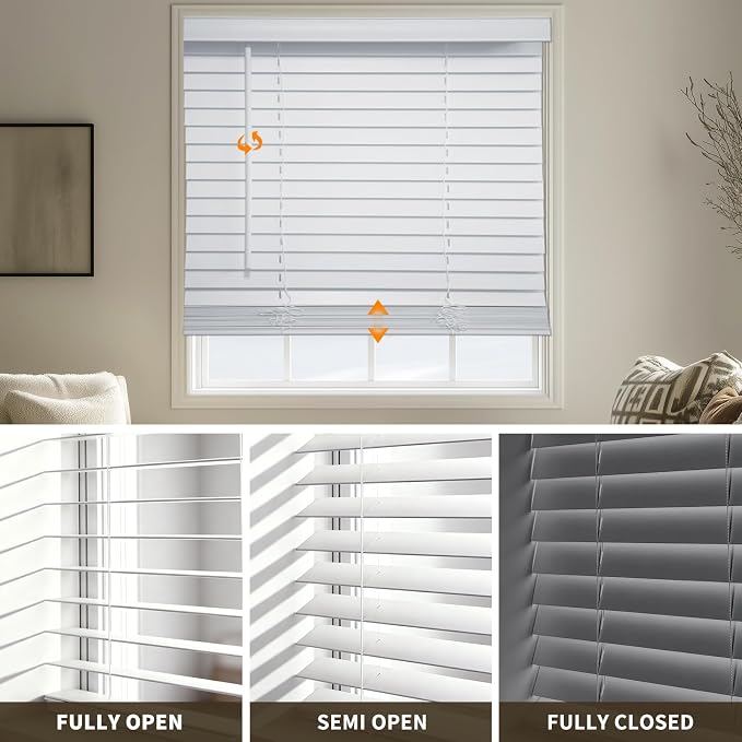 MYshade 2" Cordless Faux Wood Blinds, 51" W x 60" H, Slat Horizontal Blinds with Crown Valance, Room Darkening, Moisture Resistant, Window Blinds for Home Interior, White
