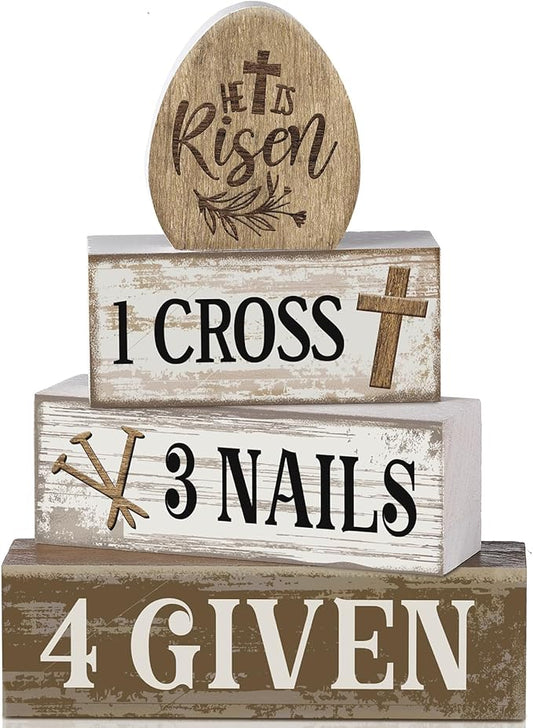 Lineshading 4 Pcs Easter Table Decoration Easter Gifts He Is Risen Tiered Tray Decor Christian Gifts Wooden Eggs Basket Stuffers Centerpieces for Holy Week Home Kitchen Party Decorations