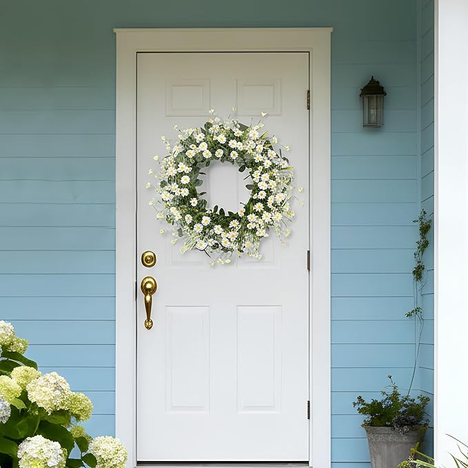 Pinkpum 22 Inch Artificial Daisy Flower Wreath with Eucalyptus Leave Silk Flower White Berries Spring Summer Wreath for Front Door Wall Decor