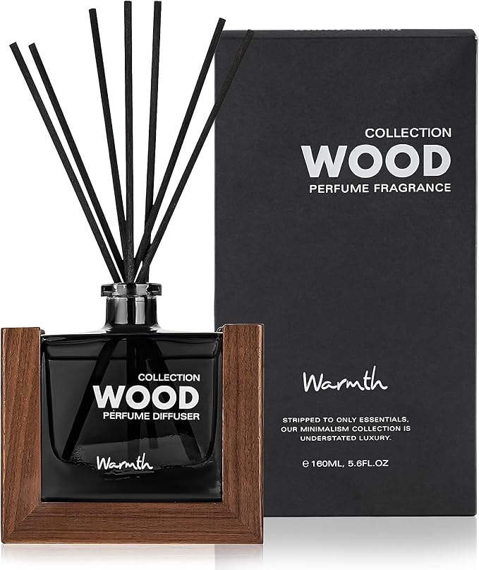Luxury Reed Diffuser for Home Set with Scented Sticks and Essential Oil Refill in Glass Bottle, Decorative Wooden Frame – Warmth Fragrance for Bedroom Bathroom Office (5.6oz)