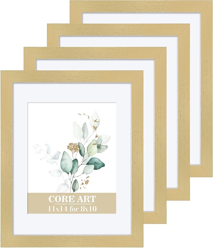 CORE ART 11x14 Gold Picture Frame Set of 4,Display Pictures 8x10 with Mat or 11 x 14 without Mat,Multi Photo Frames Collage for Wall or Tabletop Display