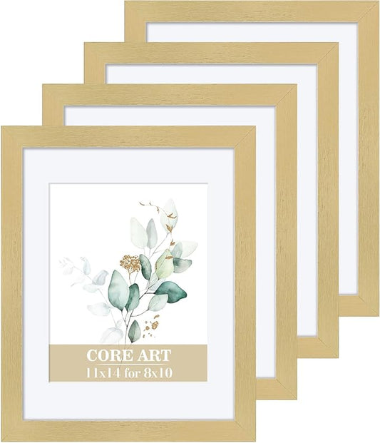 CORE ART 11x14 Gold Picture Frame Set of 4,Display Pictures 8x10 with Mat or 11 x 14 without Mat,Multi Photo Frames Collage for Wall or Tabletop Display