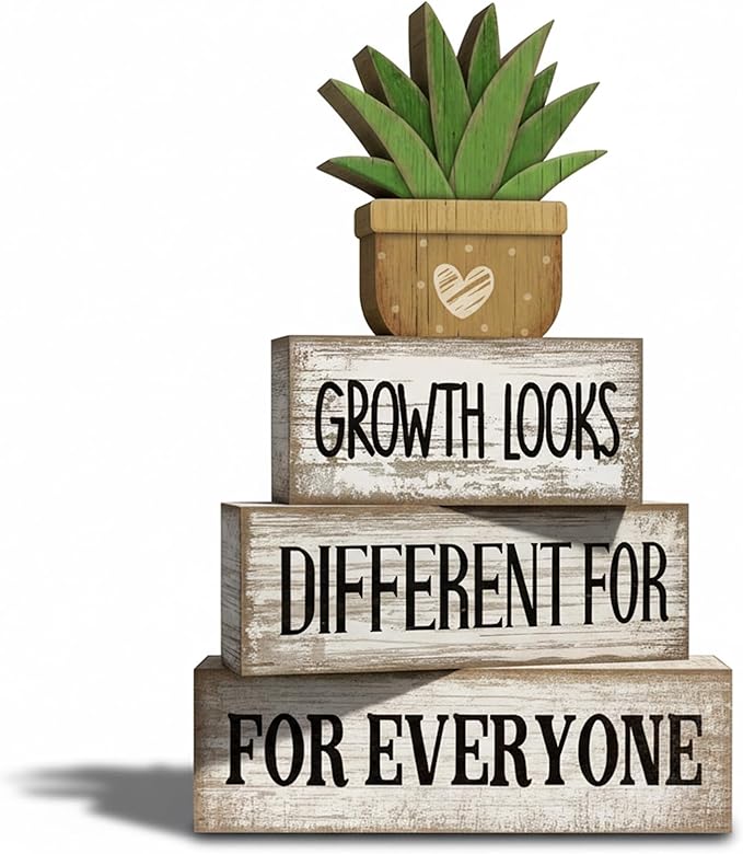 Lineshading 4 Pcs Inspirational Farmhouse Table Decor Growth Looks Different for Everyone Rustic Stacked Wooden Block Signs with Inspirational Quote Artificial Succulent for Home, Office, Shelf Gift