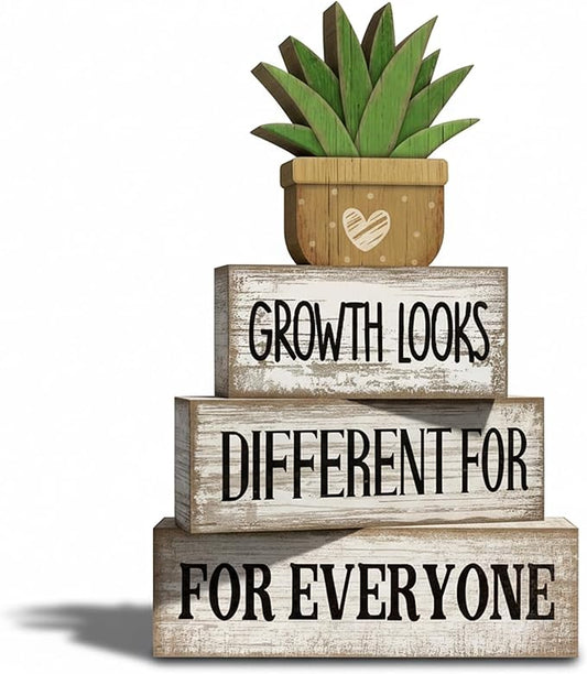 Lineshading 4 Pcs Inspirational Farmhouse Table Decor Growth Looks Different for Everyone Rustic Stacked Wooden Block Signs with Inspirational Quote Artificial Succulent for Home, Office, Shelf Gift