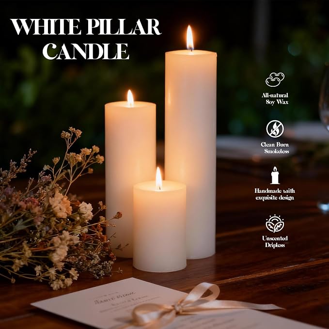 18 Pcs White Pillar Candles Bulk Set，2x3 2x4 2x6 Inch - 12 Each Size，Hurricane Candles，Dripless Unscented Smokeless，Gives You a Better Atmosphere When Organizing an Event Party.