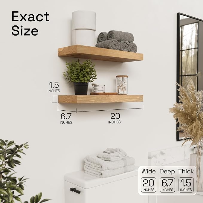 Natural Wood Floating Shelves for Wall 20 Inch Oak, Wooden Bathroom Shelf | Solid Wood, 20 Inches Wide, Wall Mounted, Bedroom Kitchen Living Room, Rustic Farmhouse, Oak Finish, 20W × 6.7D, Set of 2