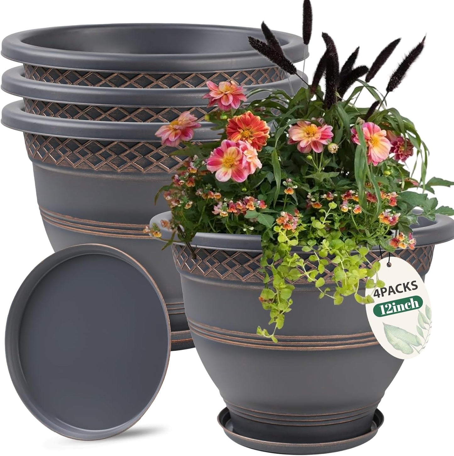 4 Pack 12 Inch Large Plant Pots, Plastic Flower Pot for Indoor & Outdoor with Drainage Holes & Saucer, Plaid Pattern Planters Garden Pots for Herbs Bronze