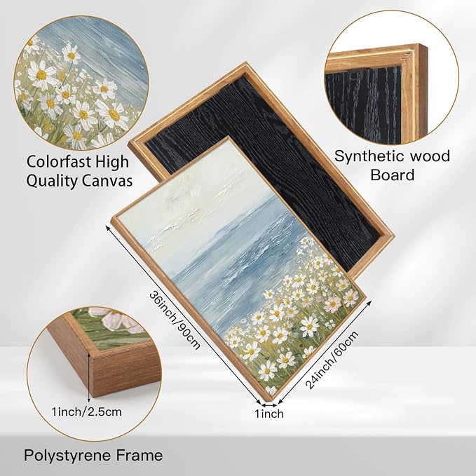 TOARTi Large Framed Coastal Wildflower Canvas Wall Art Set,Watercolor Beach Daisy Flower Ocean Wall Decor,Nature Seaside Landscapes Art Prints for Farmhouse Home Living Room Bedroom Office-24”x35”x3