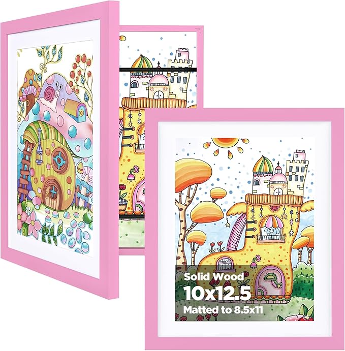 KINLINK 10x12.5 Kids Art Frame Set of 2, Solid Wood Kids Artwork Frames Changeable with Front Opening Hold 150 Pictures, Art Frames for Kids Art with Mat，without Mat 10x12.5 Picture Frame Light Pink