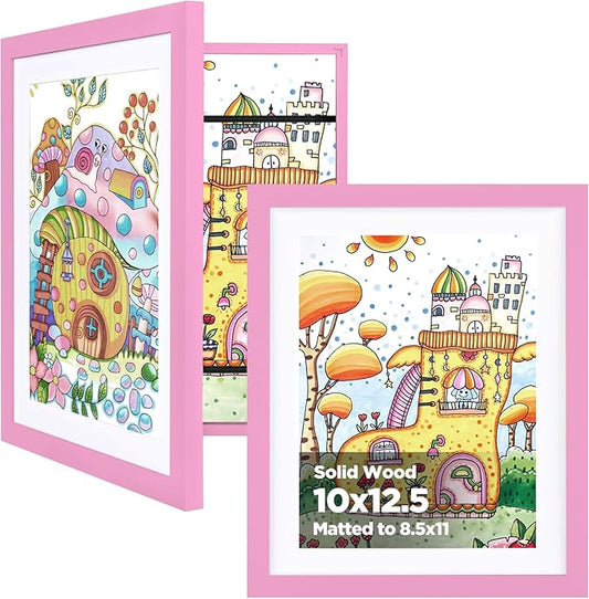 KINLINK 10x12.5 Kids Art Frame Set of 2, Solid Wood Kids Artwork Frames Changeable with Front Opening Hold 150 Pictures, Art Frames for Kids Art with Mat，without Mat 10x12.5 Picture Frame Light Pink