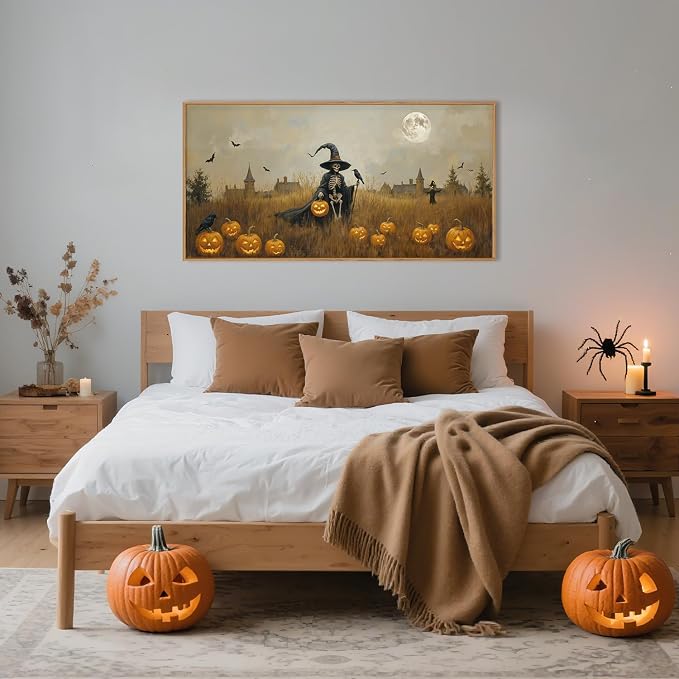 Halloween Ghost Reaper Framed Wall Art,Scary Witchy Pumpkin Wall Decor,Horror Night Wall Painting,Full Moon Bats Artwork for Living Room,Bedroom,Halloween Themed Party-40×20"×1