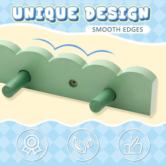 Leinuosen 2 Pack Scalloped Coat Rack Wall Mount Cute Nursery Wall Hook 16 Inch 8 Hooks Wooden Backpack Hanger for Toddler Kids Clothes Hat Towel Keys Bathroom Classroom Playroom Nursery Decor