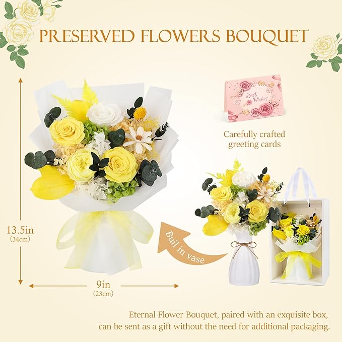 Flowers for Delivery Prime Preserved Flowers Bouquet That Last 3-5 Years Real Forever Roses Bouquet for Her Women Wife Grandma Anniversary Birthday Mothers Day Gifts for Mom(Yellow)