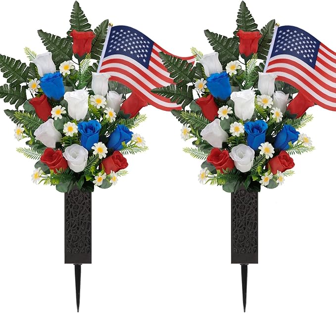 Memorial Day Flowers for Cemetery, 2 Sets Artificial Red White Blue Roses with American Flags Vase Patriotic Cemetery Flowers for Grave, Outdoor Gravesite Tribute Veterans Memorial Day Decorations