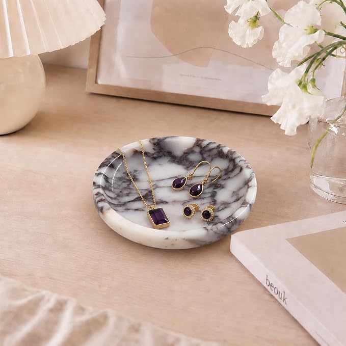 Small Natural Marble Jewelry Tray Key Plate Holder Dish Trinket Decor Catch All Bowl for Ring Earring Stone Gift for Women Daugther,Calacatta Viola,5.5"