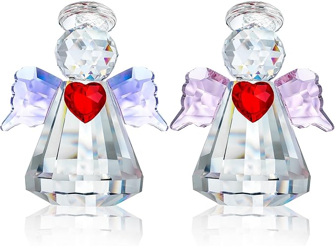 HDCRYSTALGIFTS Set 2 Crystal Guardian Angel Figurines Collectibles,2.5'' Glass Angel Ornaments for Galentines/Valentine’s Day Home Dollhouse Statues Decor Gifts for Women