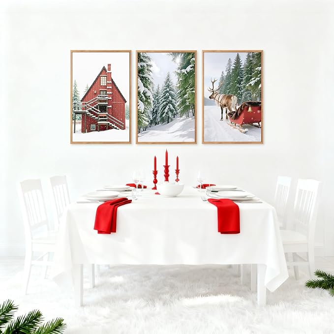 CHDITB Christmas Framed Canvas Wall Art(16"x24"), 3 Panels Farmhouse Winter Snow Forest Landscape Artwork Prints, Large Rustic Reindeer Sleigh Cabin Cottage Decor for Home Office Bedroom