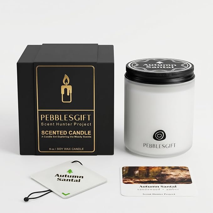 Autumn Santal Woody Scented Candle 9oz Natural Soy Wax Gift Set | 100% Soy Wax Candles,Home Scented,Stress Relief&Meditation,Forest Fragrance Aromatherapy,Men&Women Gift,Scented Card Included