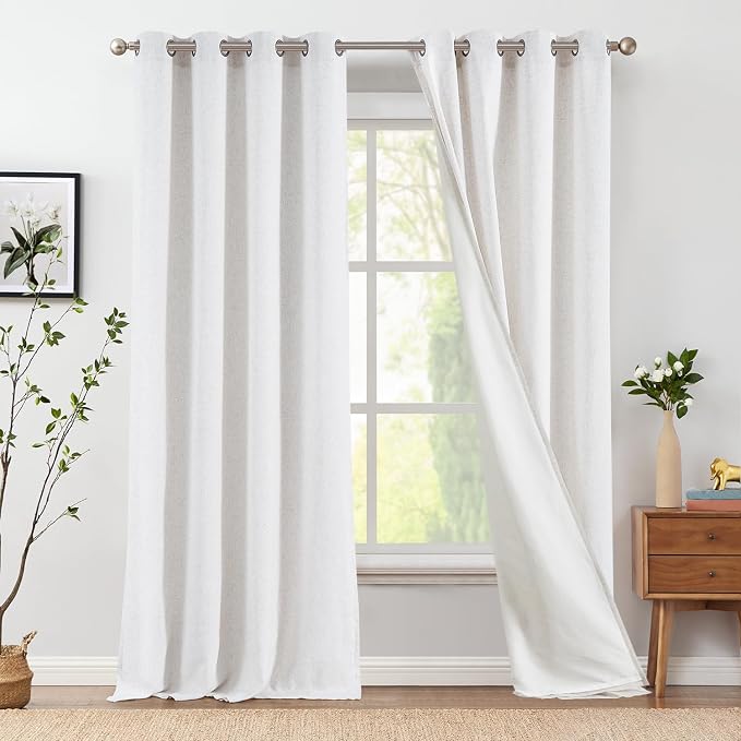 jinchan White Linen Curtains 108 Inch Long for Living Room Non-See-Through Privacy Lined Curtains 2 Panels, Room Darkening Window Curtains Farmhouse Light Filtering Drapes for Bedroom, 50W x 108L