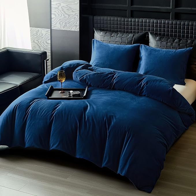 WARMDERN Navy Blue Flannel Velvet Duvet Cover Queen Size Duvet Cover Bedding Sets, 3pcs Ultra Soft Luxury Textured Modern Crystal Velvet Duvet Covers with Zipper Closure(Navy Blue, Queen)