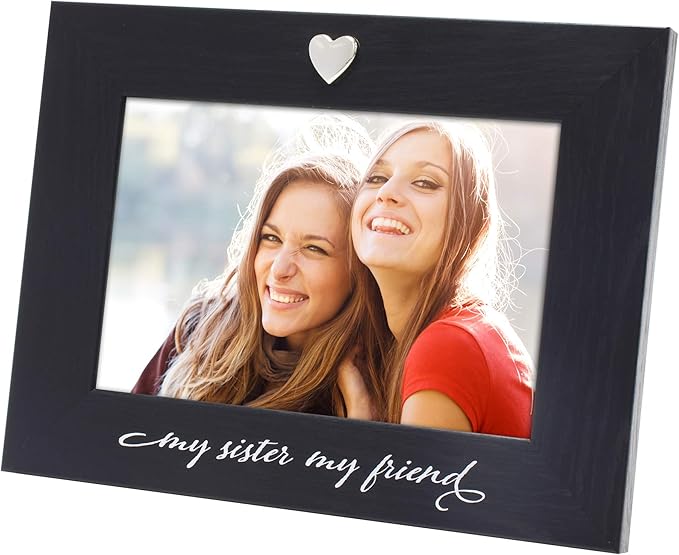 MIMOSA MOMENTS "My Sister My Friend Black 4x6 Picture Frame with Silver Heart Ornament, Tabletop Display, Birthday Gift for Sister from Sister Brother, Friendship Keepsake