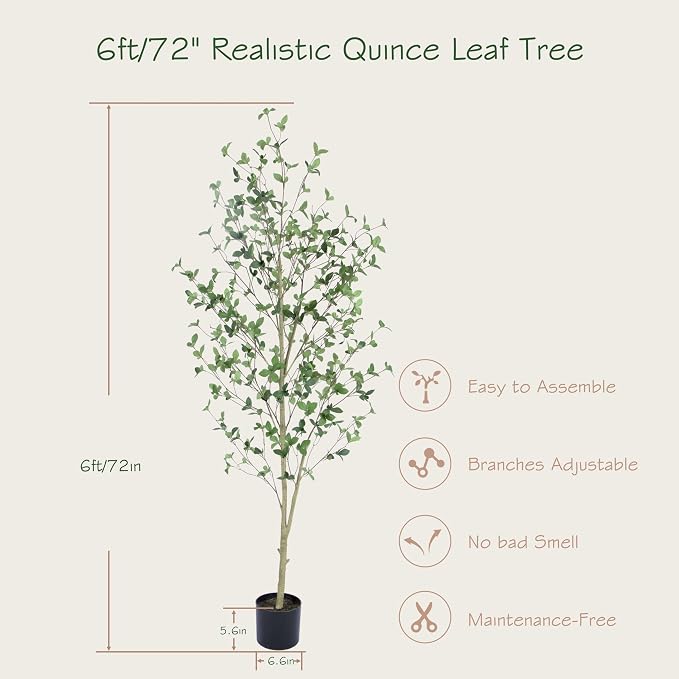 Bellacat 6ft Artificial Quince Leaf Tree with Realistic Trunks, 72in Faux Quince Leaf Tree with Lifelike Leaves for Garden, Home, Living Room Decor