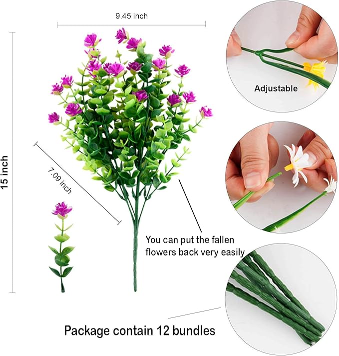 AXYLEX Artificial Flowers Outdoor Fake Plants - 12 Bundles UV Resistant No Fade Faux Plastic Greenery Home Garden Porch Patio Decoration (Mgenta)