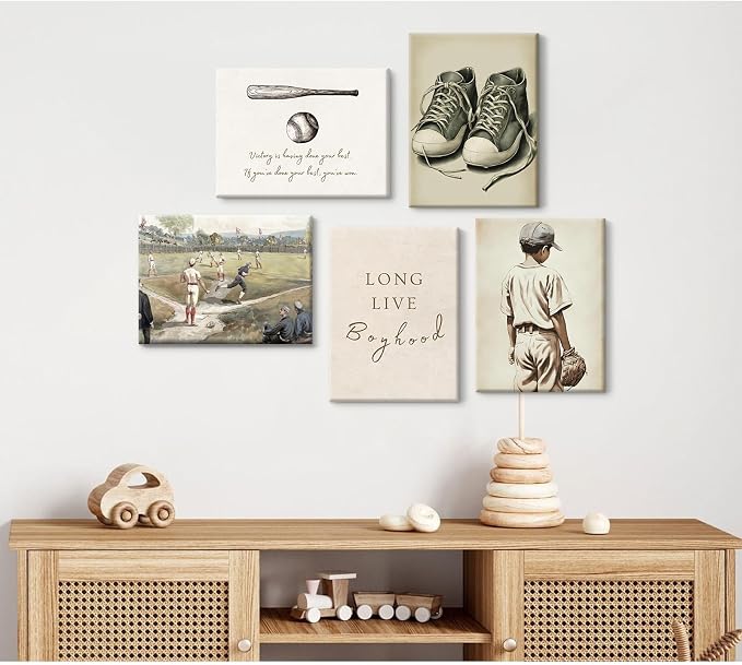Baseball Nursery Wall Art Decor Vintage Boys Room Canvas Posters Sports Boy Pictures Baseball Vintage Nursery Painting Neutral Sport Kids Room Prints Wall Art for Bedroom 12x16x5 Inch Framed ﻿
