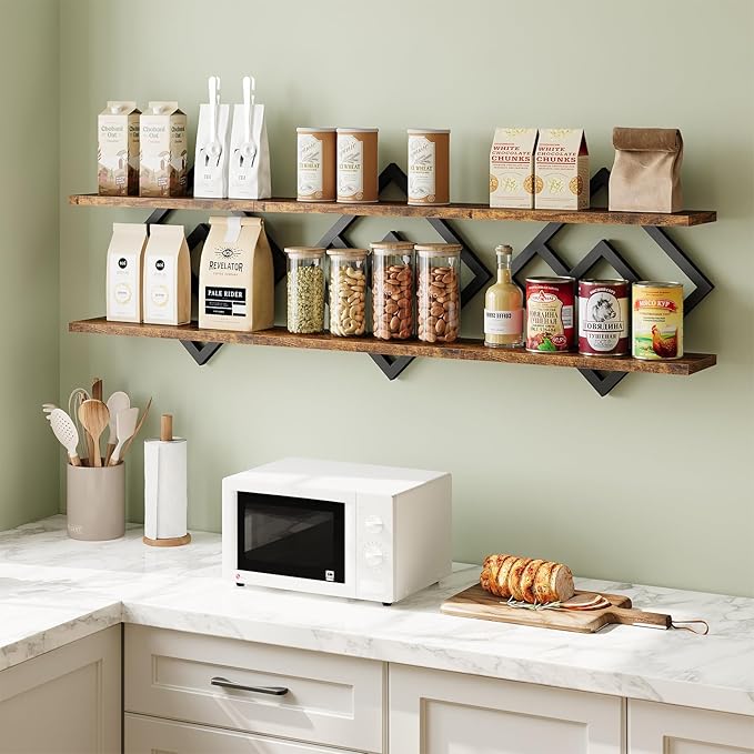 ELYKEN Floating Shelves for Wall, Set of 3 Hanging Shelves, 2-Tier Wall Mounted Storage Shelves for Books & Decor, Perfect for Living Room, Bedroom, Kitchen, Home Office, Study, Rustic Brown