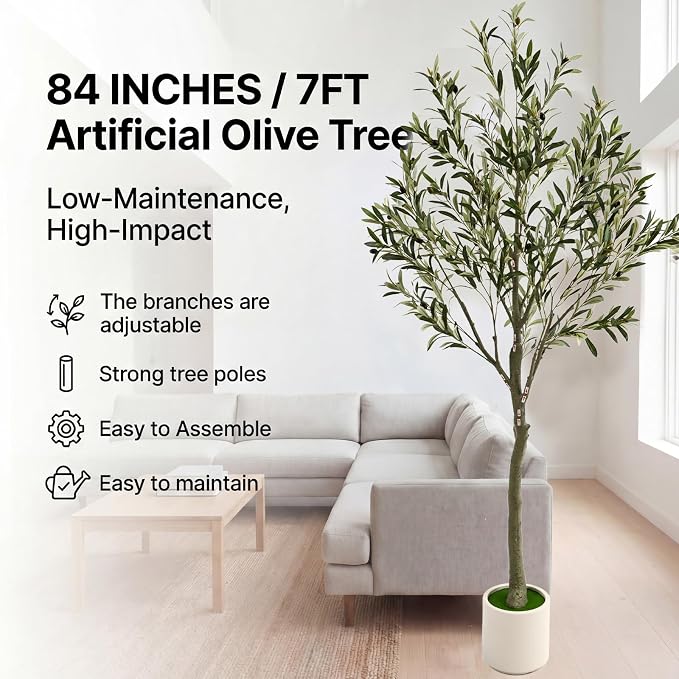 7ft Fake Olive Tree Artificial Indoor,Faux Olive Tree with Pot,Large Olive Branches and Lifelike Fruits,for Home Office House Living Room Decor.