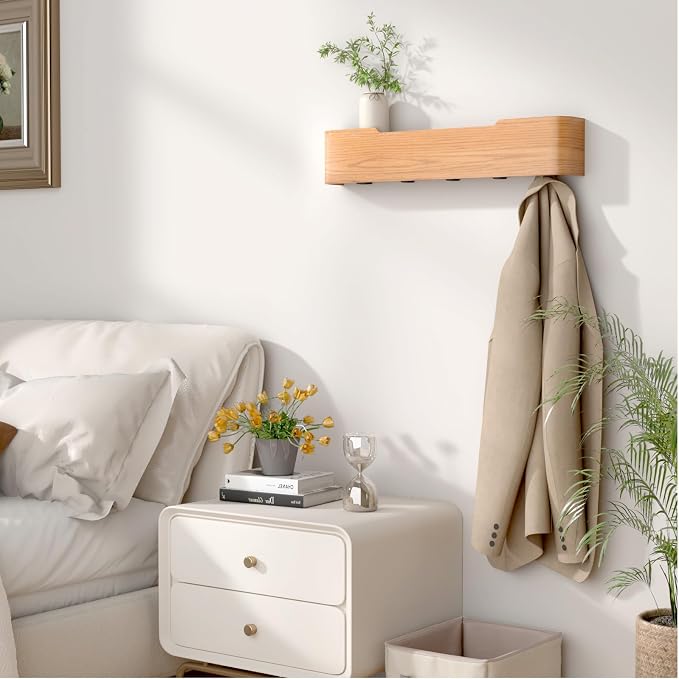 Wall Mounted Coat Rack with Shelf, Wooden Entryway Organizer with Hidden Metal Hooks for Hanging Coats Bags Keys, Modern Floating Shelf for Hallway Bathroom