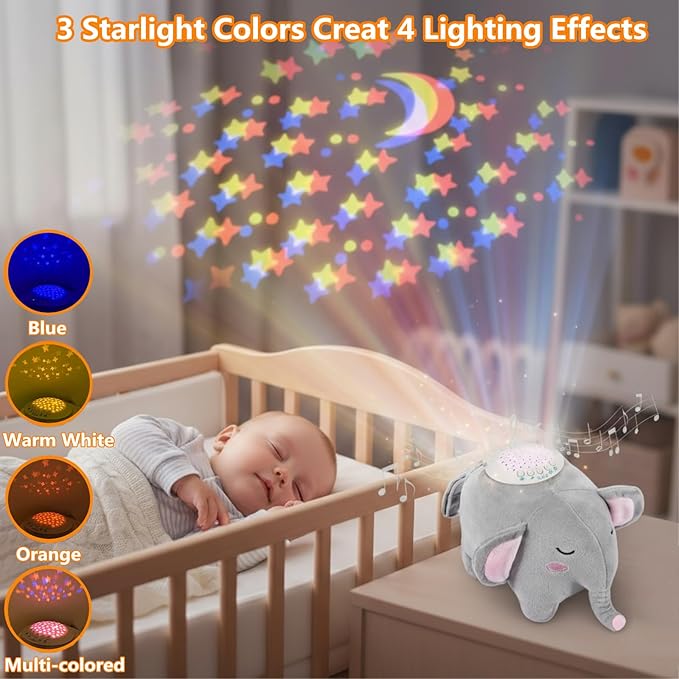 BEREST Baby Elephant Soother Toy with Starry Night Light Projector, Shushing Heartbeat Plush Stuffed Animal with Lullaby Music & White Noise for Newborn Sleep Aid, Perfect Infant Shower Gift
