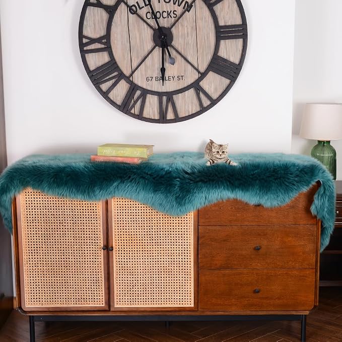 IRIWOOL Premium Genuine Fur Sheepskin Rug Real Australia Sheepskin Natural Luxury Fluffy Lambskin Fur Area Rug Seat Covers for Kids Bedroom Sofa Chair Cover (Dark Aquamarine, Double Pelt/2ft x 6ft)