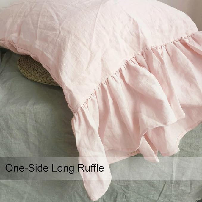 100% French Linen Pillowcase Ruffles Pillow Cover King Queen Twin 1 pcs (Queen, Pink)