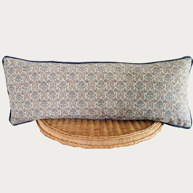Palm & Loom 100% Cotton Linen - Long Lumbar Cushion Cover - Ziya Elegant Throw Pillow Case with Blue & Peach Print with Piping - Modern Traditional Living Room, Sofa, Bedroom Pillow Cover-14x36 Inch
