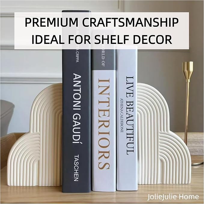 Concrete Bookends Decorative for Heavy Books - Aesthetic Boho Style Set of 2, White Decorative Bookends for Shelves, Office Boho Decor, Home Decor, or Library Decor (Cream White)
