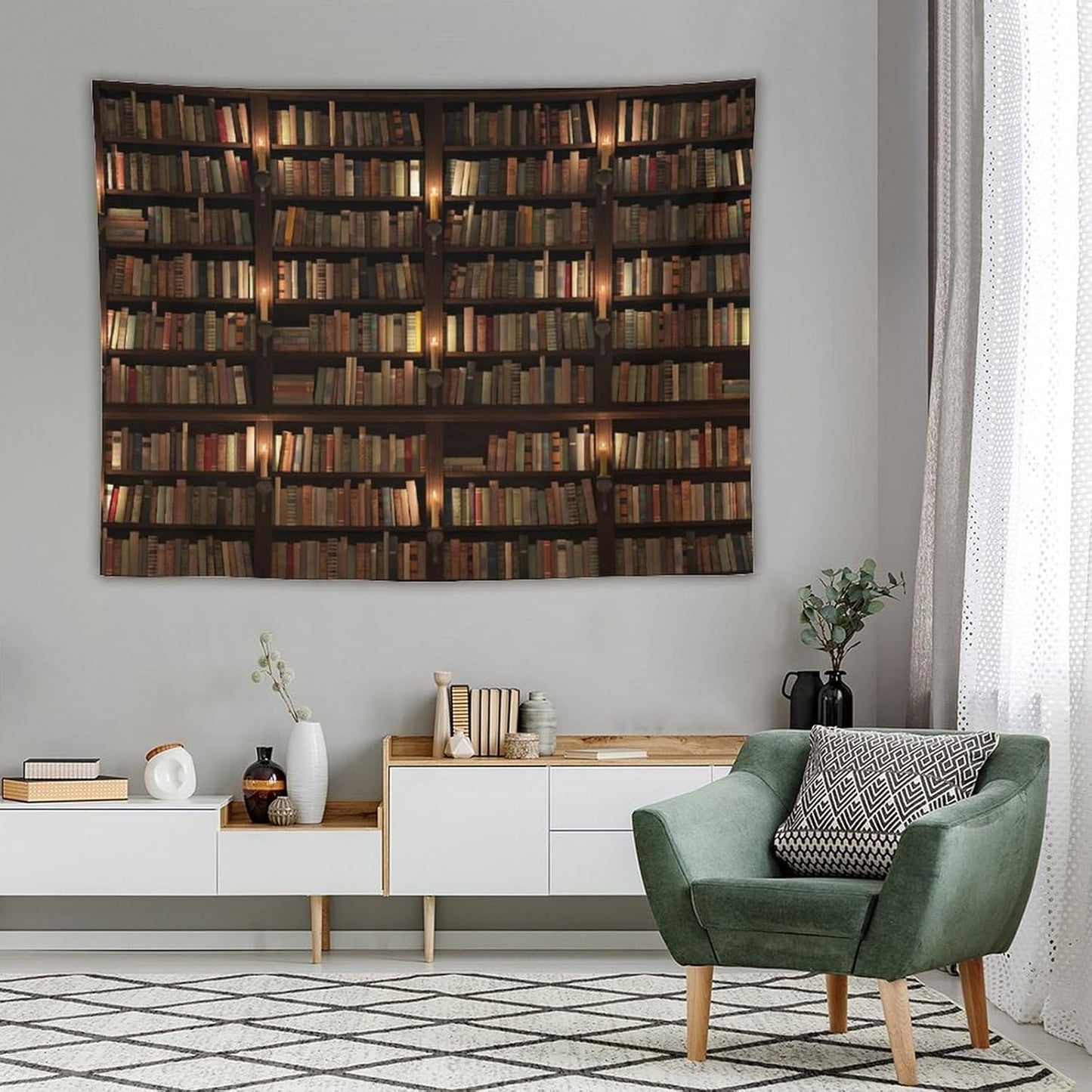 Kurtect Bookshelf Tapestry,Retro Library Bookcase Antique Mid Century Pattern Print Tapestries for Party Beach Picnic Blankets Tablecloths Living Room Wall Deocr, 60x80 in