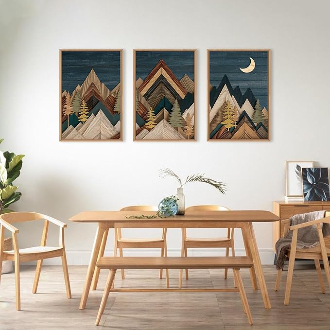 HPINUB Mountain Woodcut Style Framed Canvas Wall Art Set,Vintage Pine Tree Wall Decor, Nature Country Wilderness Forest Artwork,Modern Navy Blue Art Prints for Living Room,Bedroom,Farmhouse-16 x24 x3