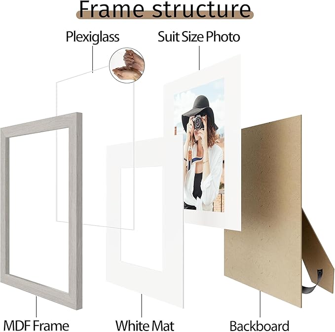 Picrit 11x14 Picture Frame Set of 12, Display 8x10 with Mat or 11x14 without Mat, Photo Frames for Wall Mounting or Table Top Display, Gray