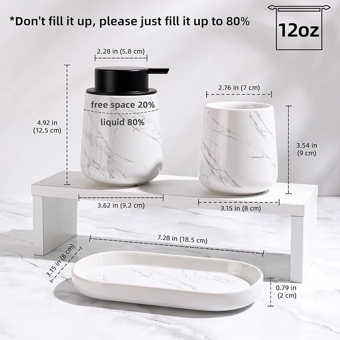 BosilunLife Ceramic Bathroom Accessories Set 3 Pcs, Liquid Soap Dispenser and Toothbrush Holder with Tray, Modern Farmhouse Vanity Decor, Narble Pattern Housewarming Gift (Marble-Liquid)