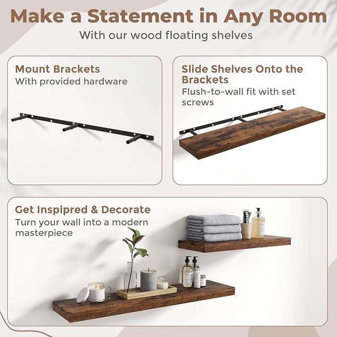 55 Inch Floating Shelves for Wall with Invisible Brackets Set of 2, 12"D Engineered Wood Wall Shelves with Wood Grain for Living Room, Bedroom, Bathroom, Kitchen Decor and Storage, Rustic Brown