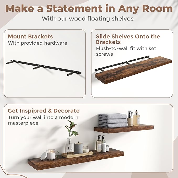 72 Inch Floating Shelves for Wall with Invisible Brackets Set of 2, 12"D Engineered Wood Wall Shelves with Wood Grain for Living Room, Bedroom, Bathroom, Kitchen Decor and Storage, Rustic Brown