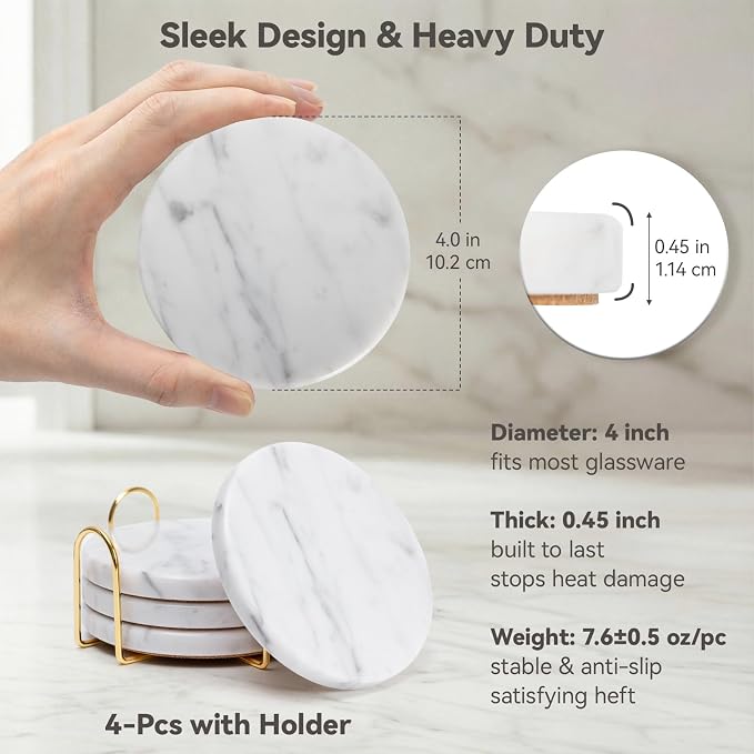 Soft White Marble Coasters Set of 4 with Holder, Elegant Drink Coasters for Coffee Table, 4" Polished Natural White Stone Coaster with Grey Veins – Heat Resistant, Non-Slip, Housewarming Gift
