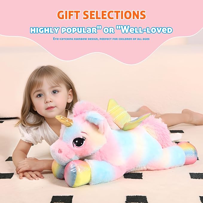 FFxiong 24 Inch Multicolored Big Unicorn Stuffed Animal Plush Toy Pillow, Cute Soft Giant Unicorn with Rainbow Wings Large Doll, Gift for Children Girl Boy Kids Birthday Valentine Christmas
