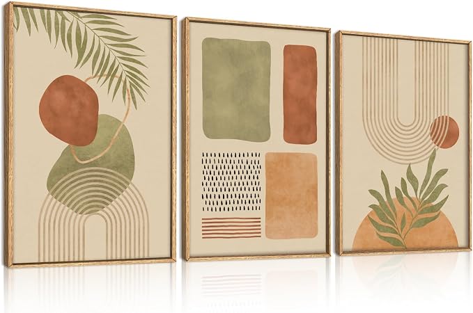 Large Boho Sage Green Framed Canvas Wall Art,Abstract Geometric Beige Wall Decor,Mid Century Modern Art Prints,Neutral Botanical Leaf Artwork for Living Room,Bedroom,Office -16"x24"x3