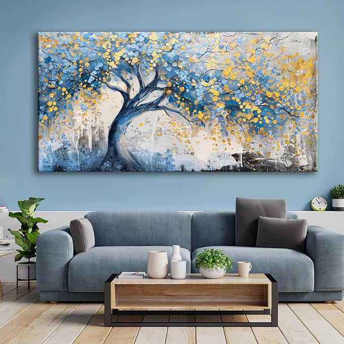 Wall Art Tree of blue Life Abstract Canvas Painting Textured Picture, Modern Landscape Artwork Framed for Living Room Bedroom Bathroom Office Home Decor 71x36in