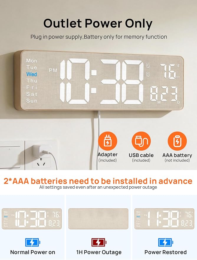 MASHI 2026 Upgrade Digital Wall Clock, 16" Large Display Digital Clock with Remote Control, Auto-Dimming Wall Clock with Night Light, DST, Date Week,Temp for Living Room, Gift for Elderly (Beige)
