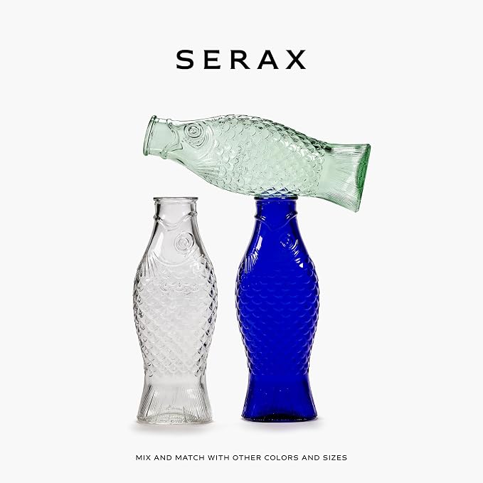 Serax Glass Water Pitcher | Fish & Fish glassware by Paola Navone | Wine Carafe Decanter 28.74 fl oz | Clear Dark Blue Bottle Container, hot & cold Drinks | Fridge Beverage Dispenser, Suitable as Vase