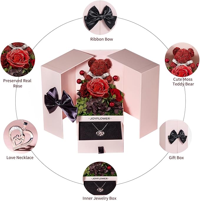 JoyFlower Preserved Flowers with Necklace Gifts for Mom, Unique Pearl Rose Eternal Flower Bear with Necklace Gift for Grandma, Preserved Real Red Roses Birthday for Mother Grandma